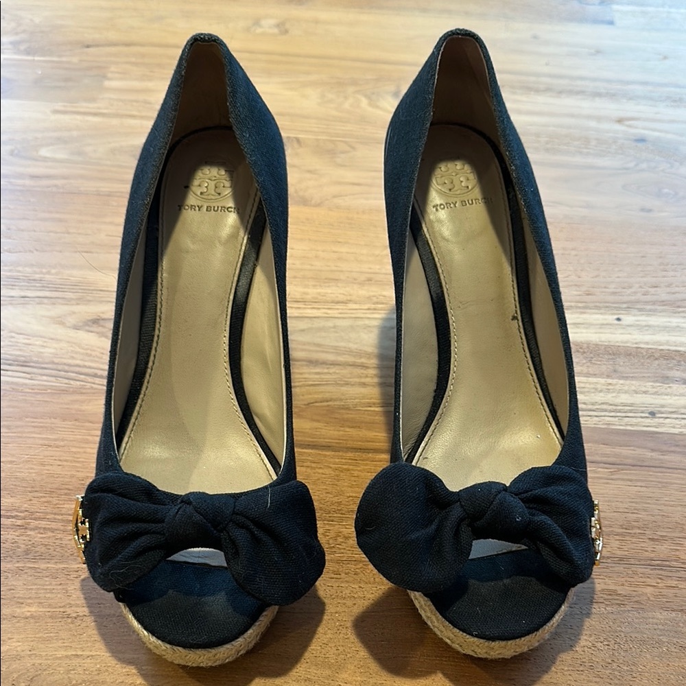 Tory Burch Black Peep-Toe Wedges